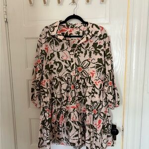 The Bettina Tiered Mini Shirt Dress - Pink, Olive & Coral